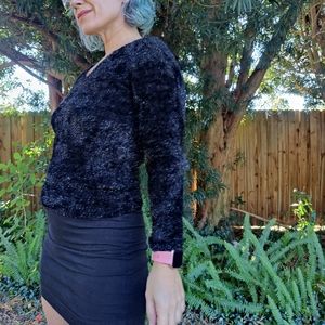True Vtg 90's Black & Metallic Fuzzy V-neck Sweater | Nicole Miller Collection